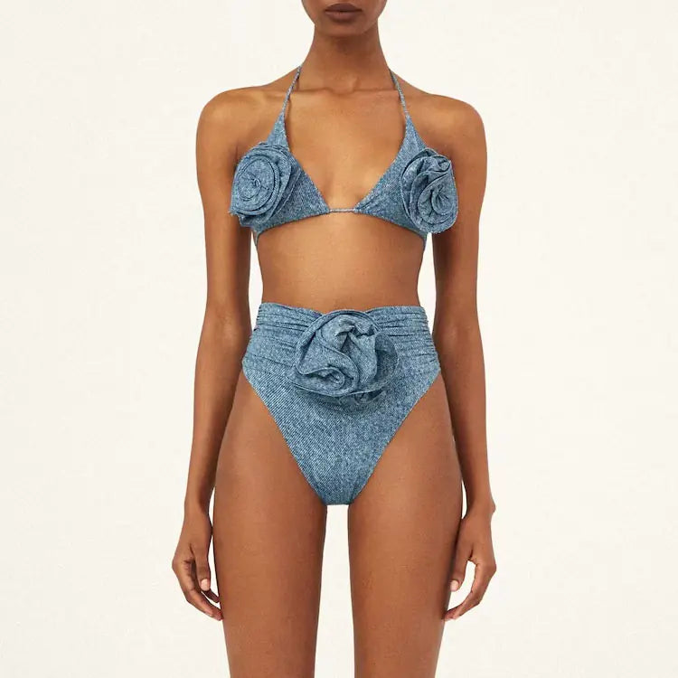 2024 Women's 3D Floral Neck Tie Sexy Bikini Set