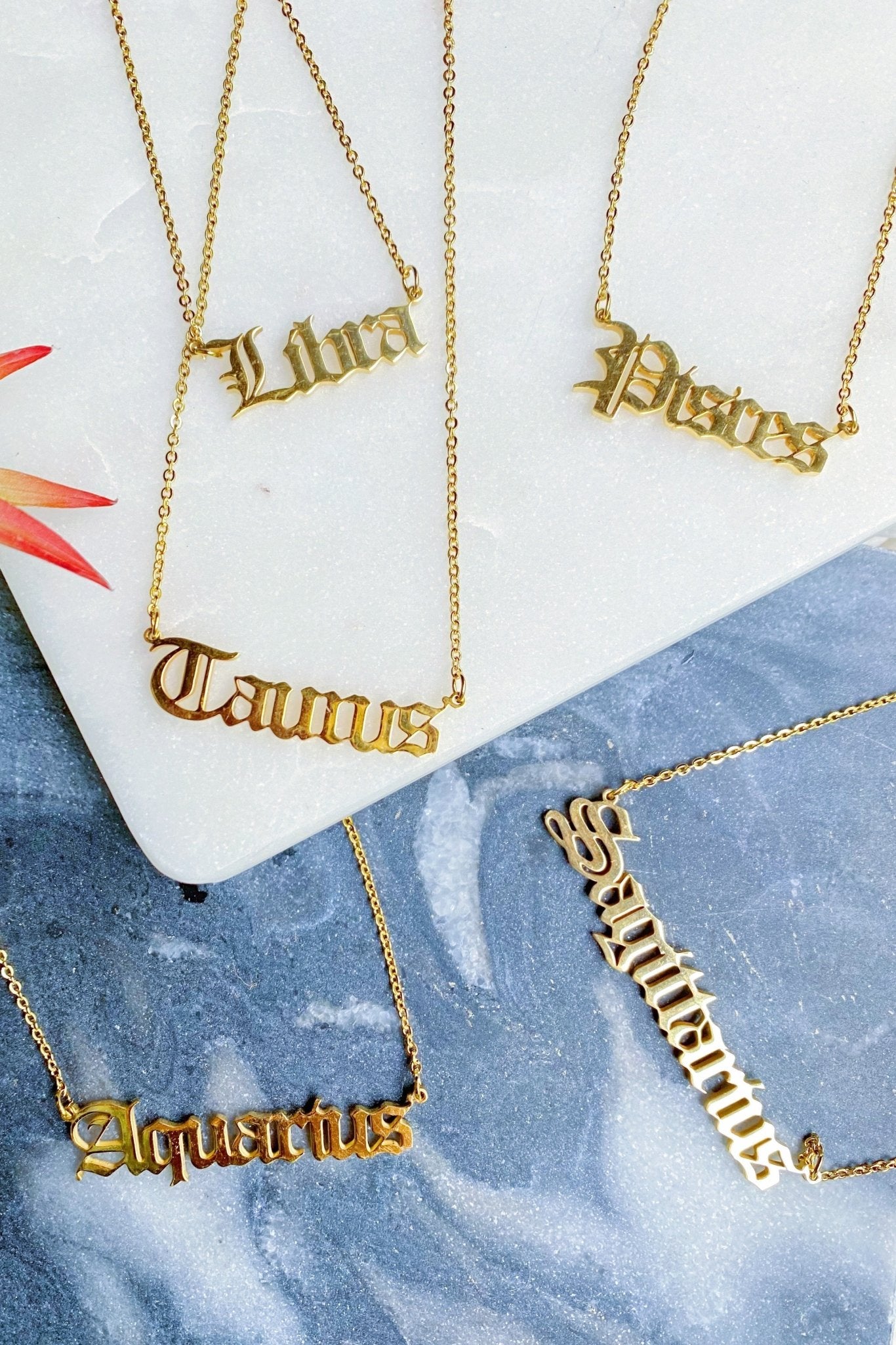 Old English Zodiac Necklace - Walter - Mall