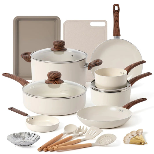 Ceramic Pots and Pans Set Nonstick Kitchen ONGIFT 23 Pcs Cookware Sets with Frying Pan Saucepan Saute Pan Lightweight Cooking Set with Stay-Cool Wood Handles NO PFAS and PFOA Dark Wood