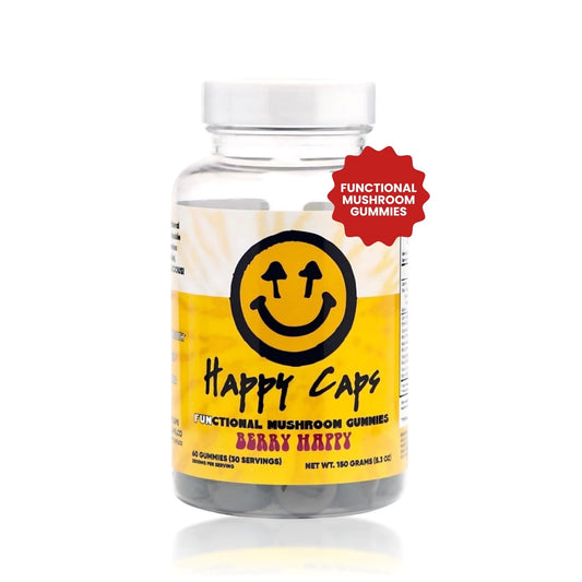 Happy Caps Functional Mushroom Gummies - Lions Mane Cordyceps Chaga Reishi - Immune System Booster & Nootropic Brain Supplement - 60 Gummies (1)