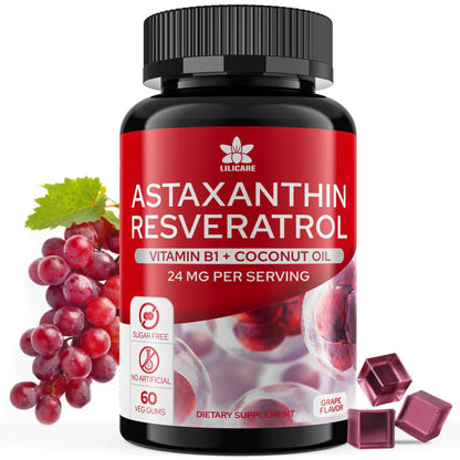 Sugar-Free Astaxanthin 24mg Gummies with Resveratrol 500mg Powerful Antioxidants Supplement w/ Vitamin B1 Coconut Oil - Healthy Aging Skin Eye Joint Immune - Vegan Non-GMO 60 Count Grape FLA