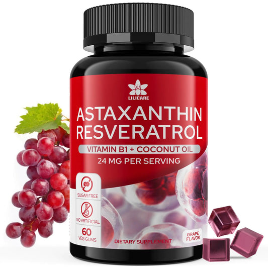 Sugar-Free Astaxanthin 24mg Gummies with Resveratrol 500mg Powerful Antioxidants Supplement w/ Vitamin B1 Coconut Oil - Healthy Aging Skin Eye Joint Immune - Vegan Non-GMO 60 Count Grape FLA