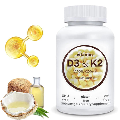Vitamin D3 K2 Supplement Softgel with 10000 IU VIT D3 + 200 MCG Vitamin K2 Free of GMO Gluten Soy 2-in-1 Vitamin D3 and K2 (300Pcs/Bottle)