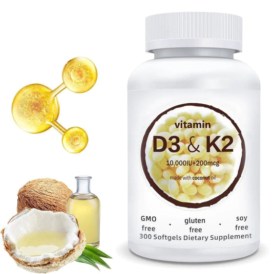 Vitamin D3 K2 Supplement Softgel with 10000 IU VIT D3 + 200 MCG Vitamin K2 Free of GMO Gluten Soy 2-in-1 Vitamin D3 and K2 (300Pcs/Bottle)