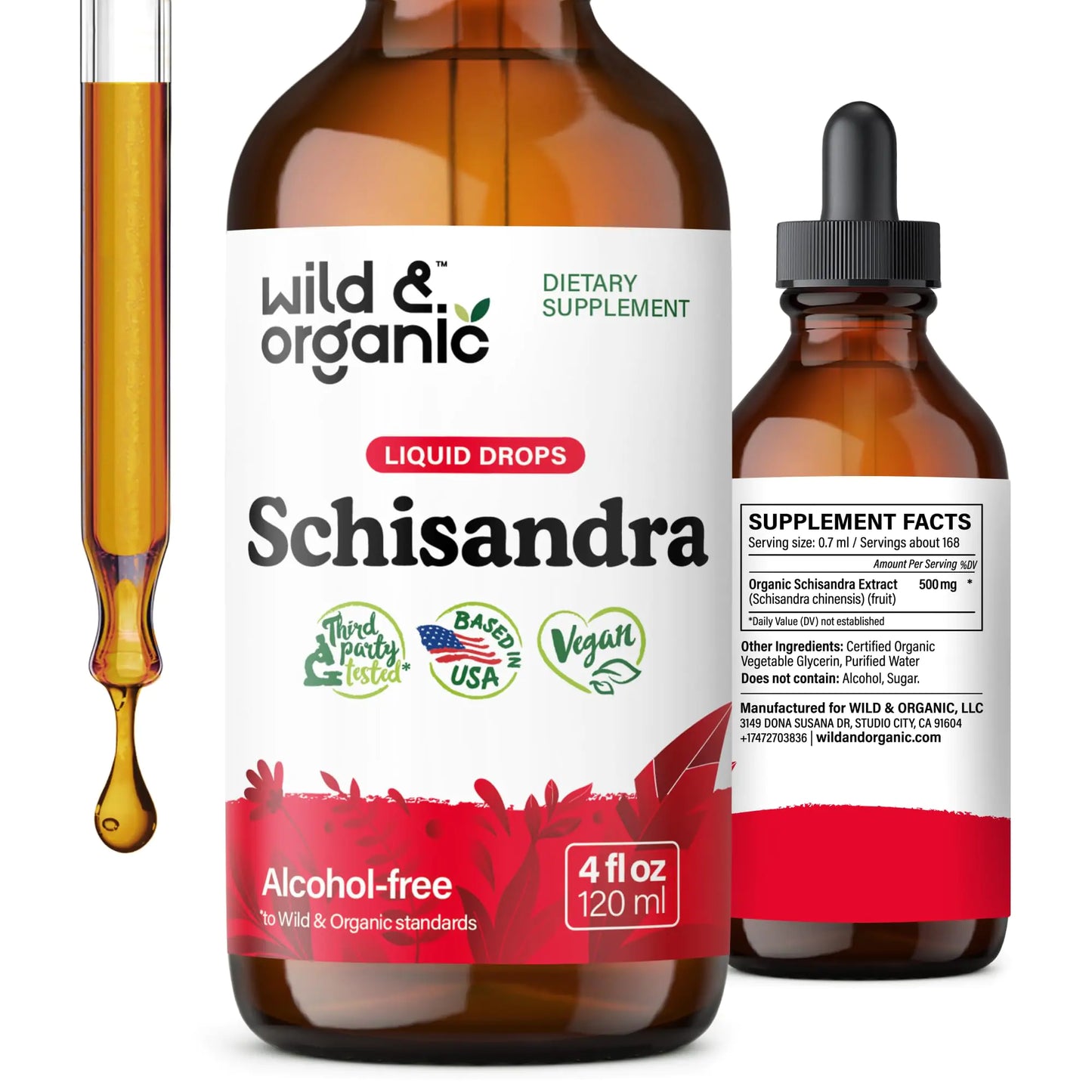 Wild & Organic Schisandra Tincture 500 mg - Natural Schisandra Supplement for Relaxation - Liquid Chinensis Berry Extract - Vegan Sugar & Alcohol-Free Drops - 4 fl oz