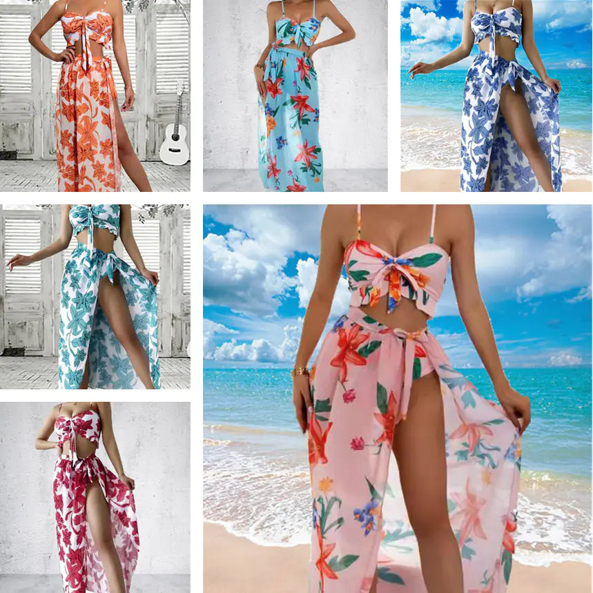 2022 Plant Print Bikini Set - Three Piece Swimwear, women, sexy