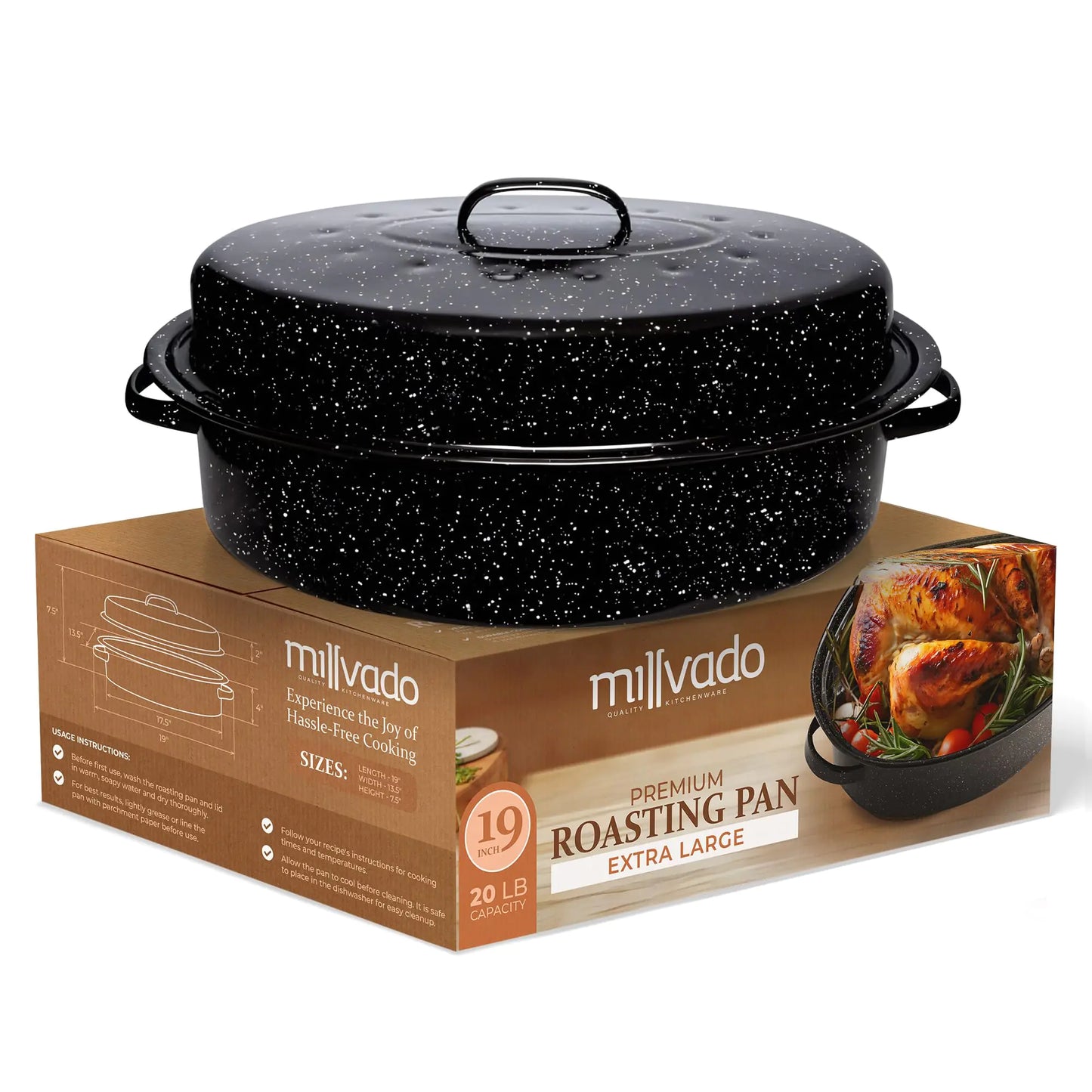 Roasting Pan With Lid Thanksgiving Turkey Roaster Pan Millvado Extra Large 20 lb Capacity 19" Granite Oven Roaster Oval Shaped Speckled Enamel on Steel Cookware