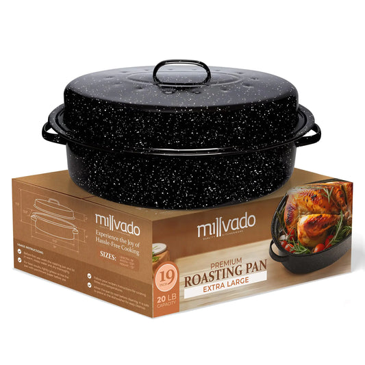 Roasting Pan With Lid Thanksgiving Turkey Roaster Pan Millvado Extra Large 20 lb Capacity 19" Granite Oven Roaster Oval Shaped Speckled Enamel on Steel Cookware