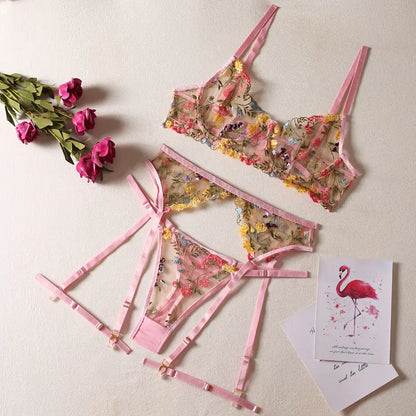 Floral Embroidered 3-Piece Set - Erotic Costume
