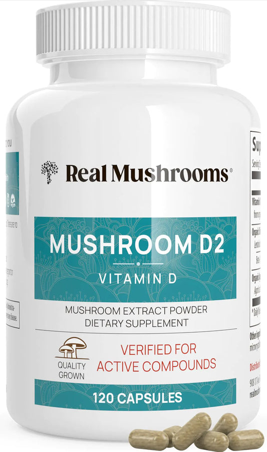Real Mushrooms Vitamin D2 (120 ct) Vegan Vitamin D Supplements - Organic Vitamin D Vegan Supplement 1000 IU Shiitake & Agaricus Mushroom Complex