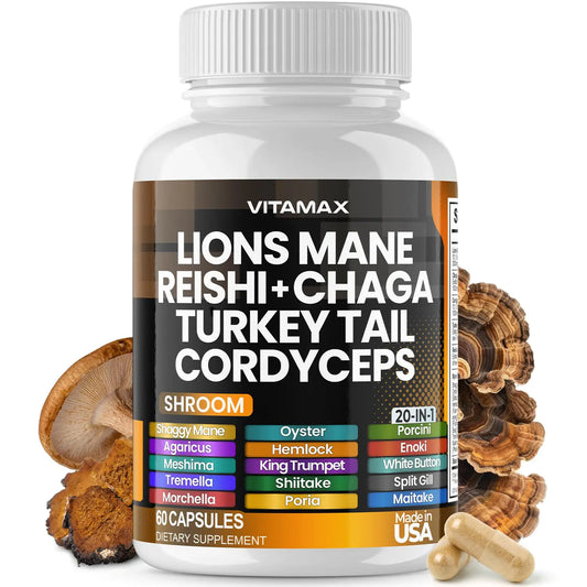 Vitamax Lions Mane Mushroom 3000mg Turkey Tail 2000mg Chaga & Reishi 1000mg Cordyceps Shiitake White Elm King Trumpet Nameko Oyster Focus & Energy - Made in USA 60ct