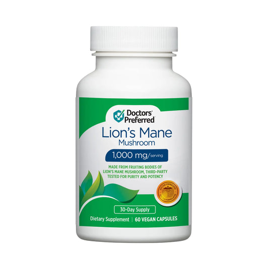 DOCTORS PREFERRED Lions Mane Mushroom Supplement - 1000 mg/Serving 60 Vegan Capsules for Brain Health and Overall Daily Wellness. (30-Day Supply)