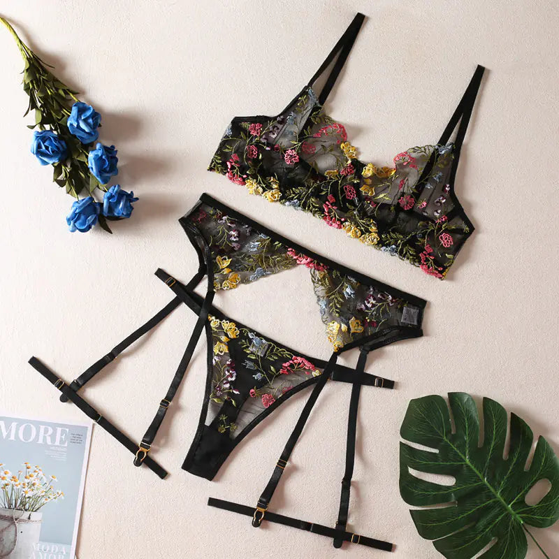 Floral Embroidered 3-Piece Set - Erotic Costume
