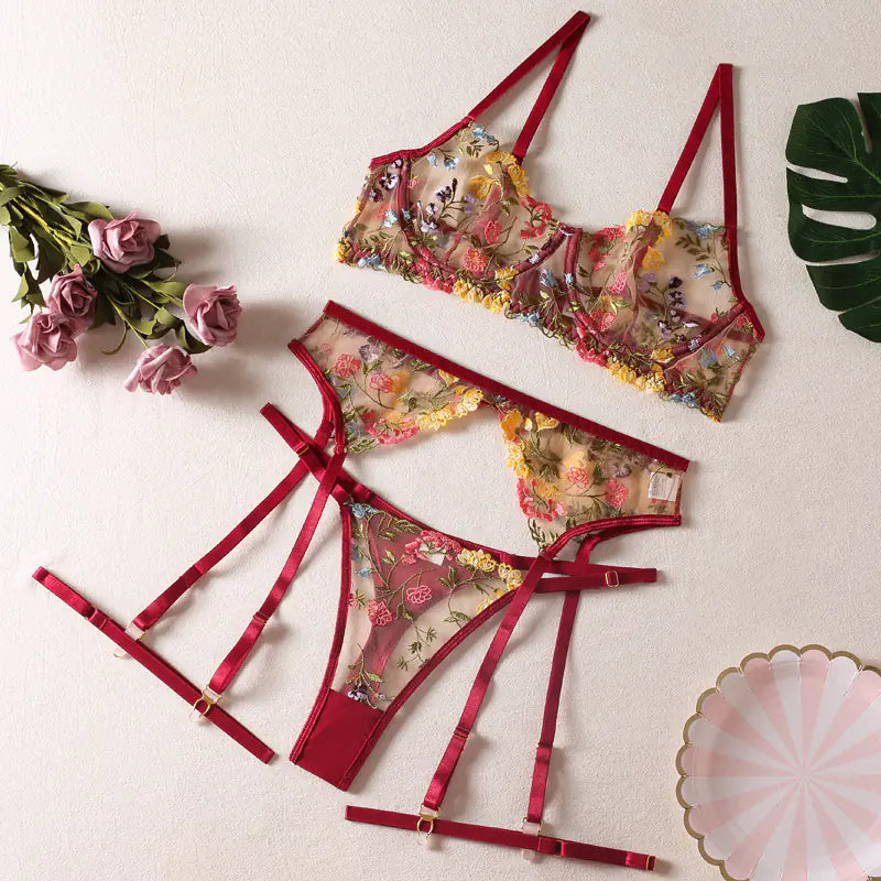 Floral Embroidered 3-Piece Set - Erotic Costume