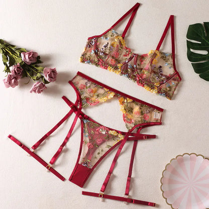 Floral Embroidered 3-Piece Set - Erotic Costume