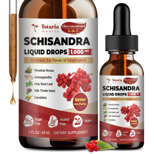 Totaria Schisandra Supplement 6-in-1 Schisandra Berry Drops with Rhodiola Rosea Ashwagandha Holy Basil Milk Thistle Dandelion Root Adaptogen for Mood Stress Liver Health 2Fl.Oz