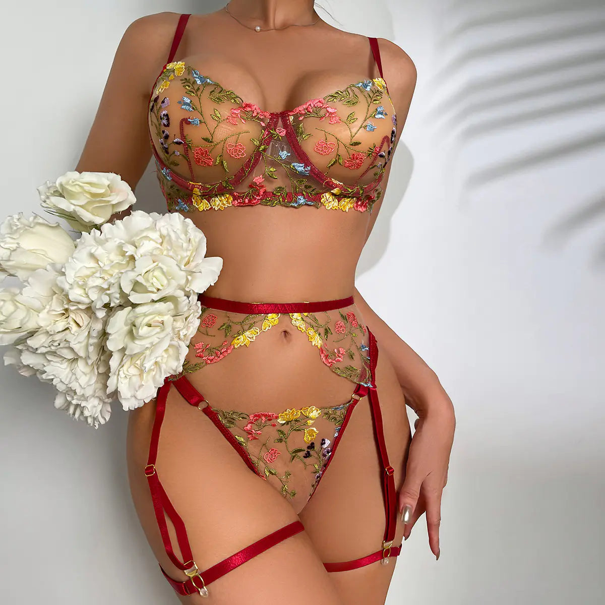 Floral Embroidered 3-Piece Set - Erotic Costume