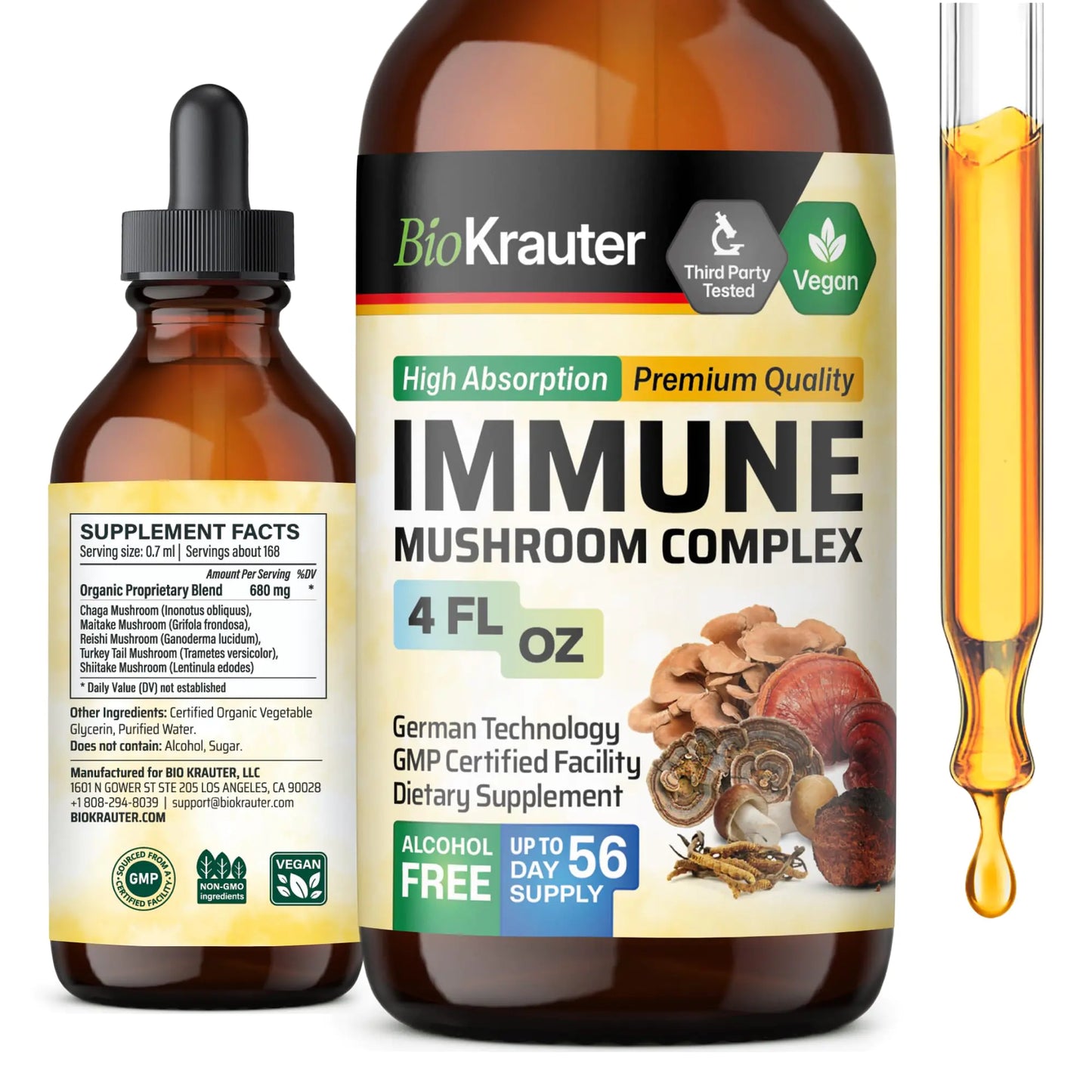 BIO KRAUTER Immune Support Mushroom Supplement - Lions Mane Shiitake Turkey Tail Reishi Chaga & Maitake Liquid Extract - Mushroom Complex Tincture - Vegan Drops 4 Fl.Oz.