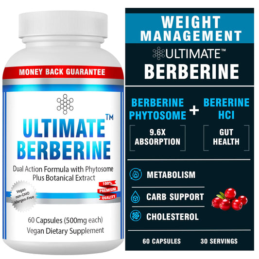 Berberine Phytosome for Healthy Weight Management - Dual Action Formula with Berberine HCL - Carbohydrate Metabolism GI Immunity & Cholesterol Support - 1000mg Maximum Strength Supplement