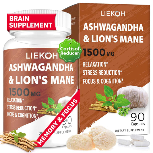 Ashwagandha & Lions Mane Supplement Capsules Brain Supplements for Memory and Focus Stress & Cortisol Reducer