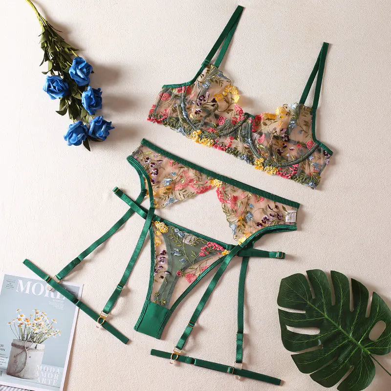 Floral Embroidered 3-Piece Set - Erotic Costume