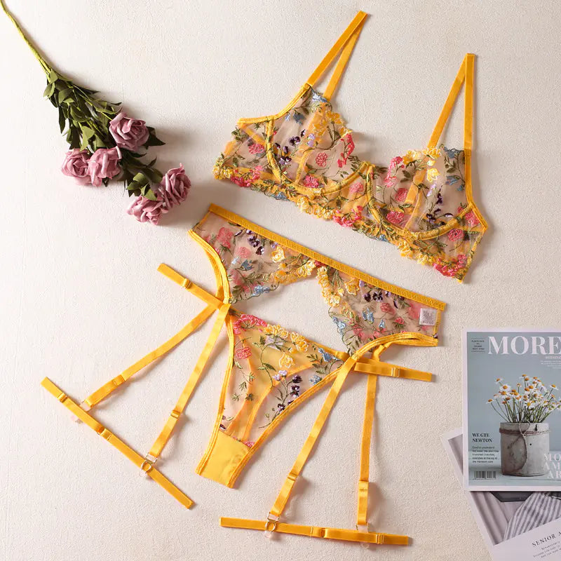 Floral Embroidered 3-Piece Set - Erotic Costume