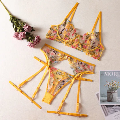 Floral Embroidered 3-Piece Set - Erotic Costume
