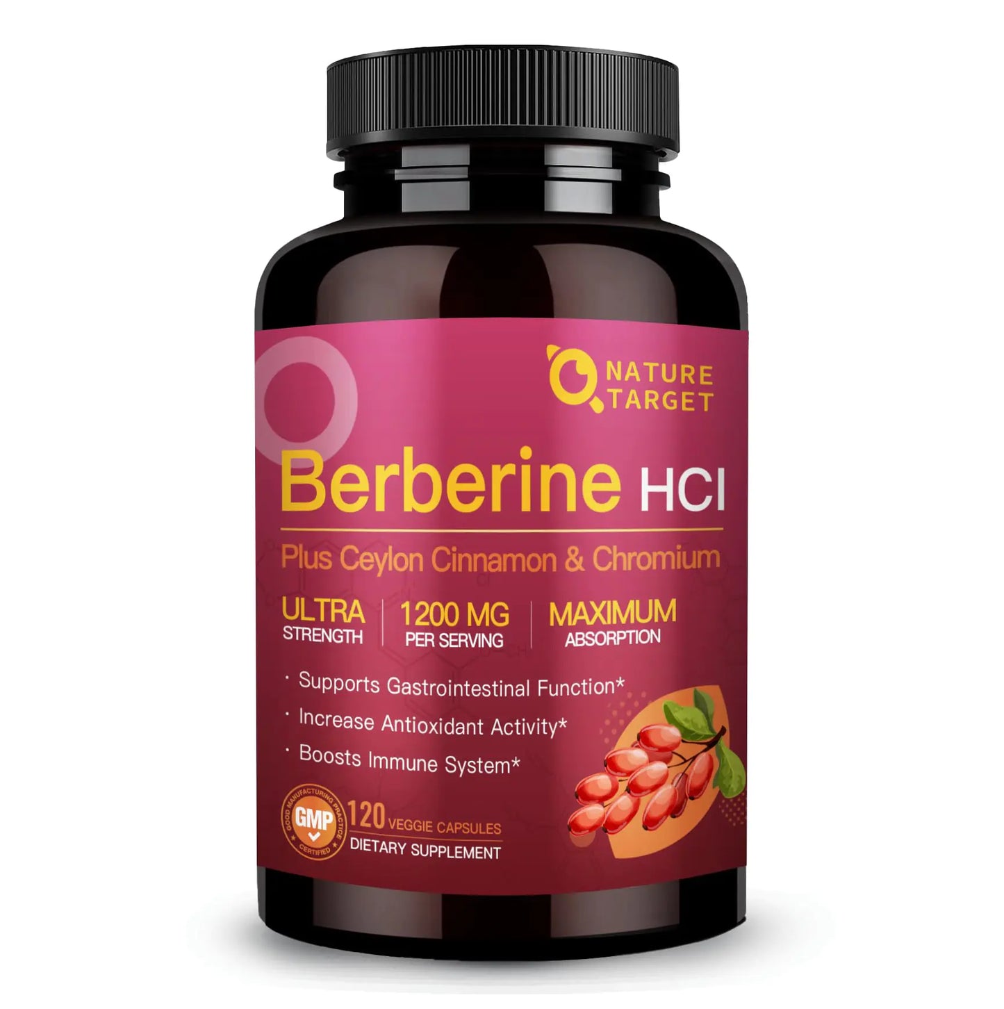 NATURE TARGET Berberine HCl 1200mg Berberine Supplement with Ceylon Cinnamon Chromium - Supports Immune Gastrointestinal & Heart Health Non-GMO 120 Capsules