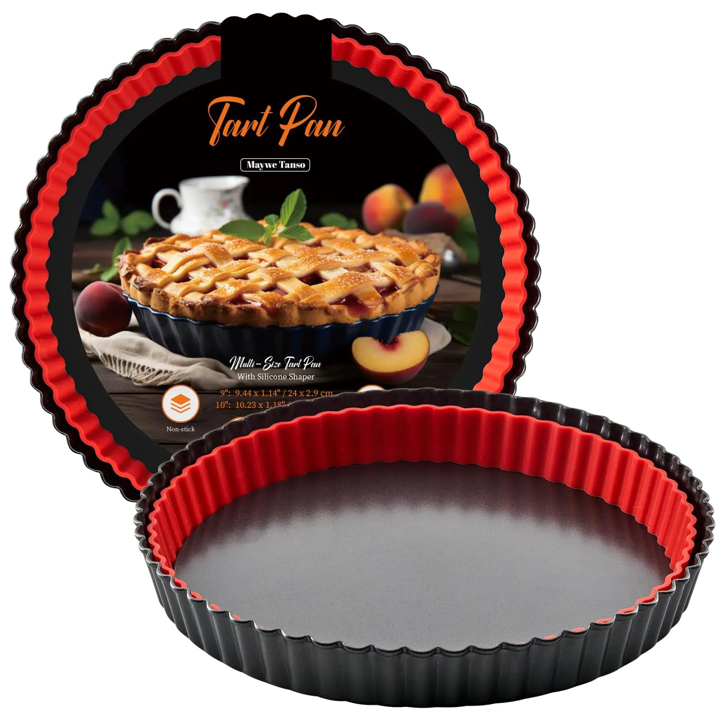 Tart Pan with Removable Bottom, 9 Inch Tart and Quiche Maywe Tanso PanNon-stick Round Carbon Steel Deep Fluted Pie Pan with Crust Shaper Ring -