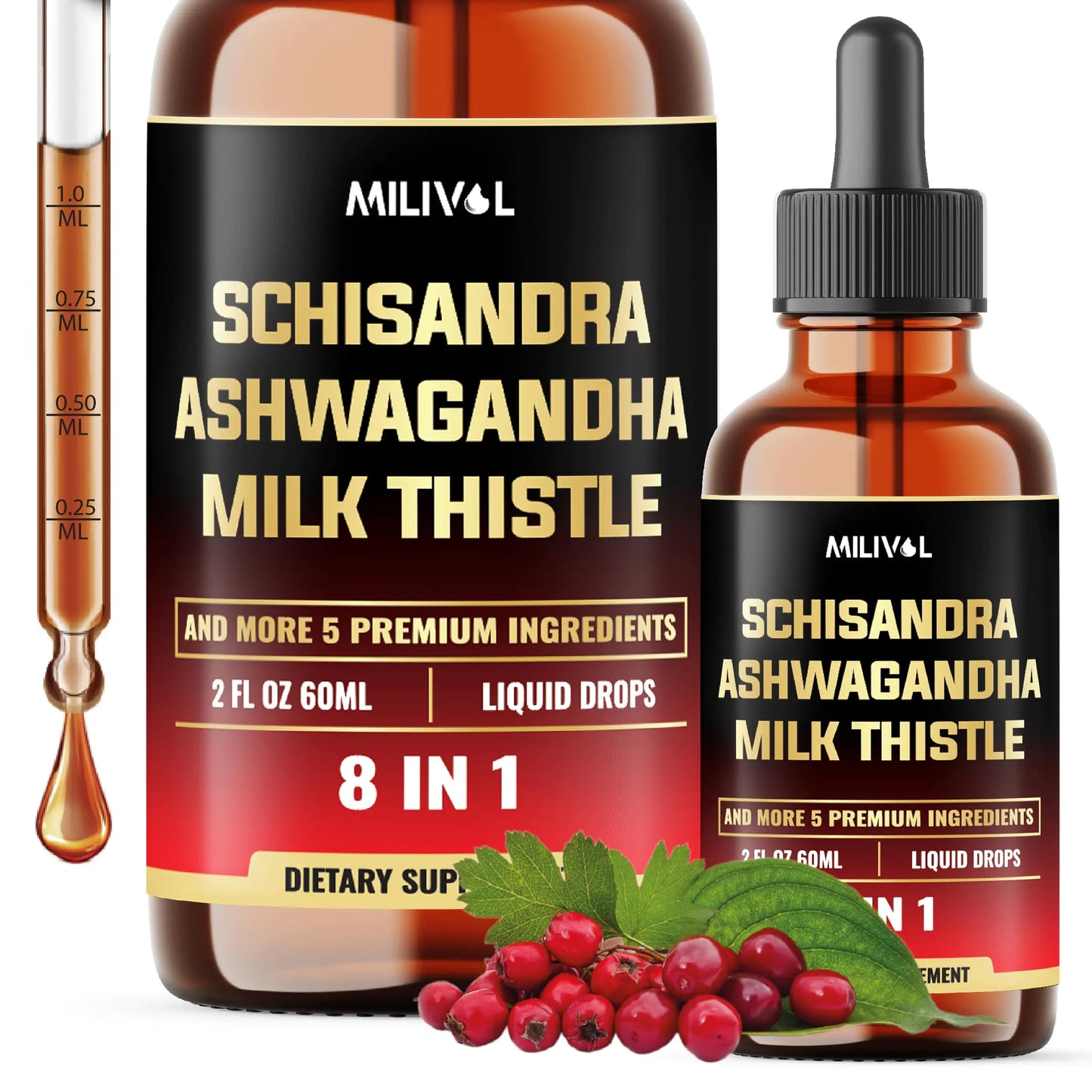 Schisandra-Ergänzung – Schisandra-Extrakt-Tropfen mit Mariendistel, Ashwagandha und 6 weiteren – MILIVOL 8in1 Liquid