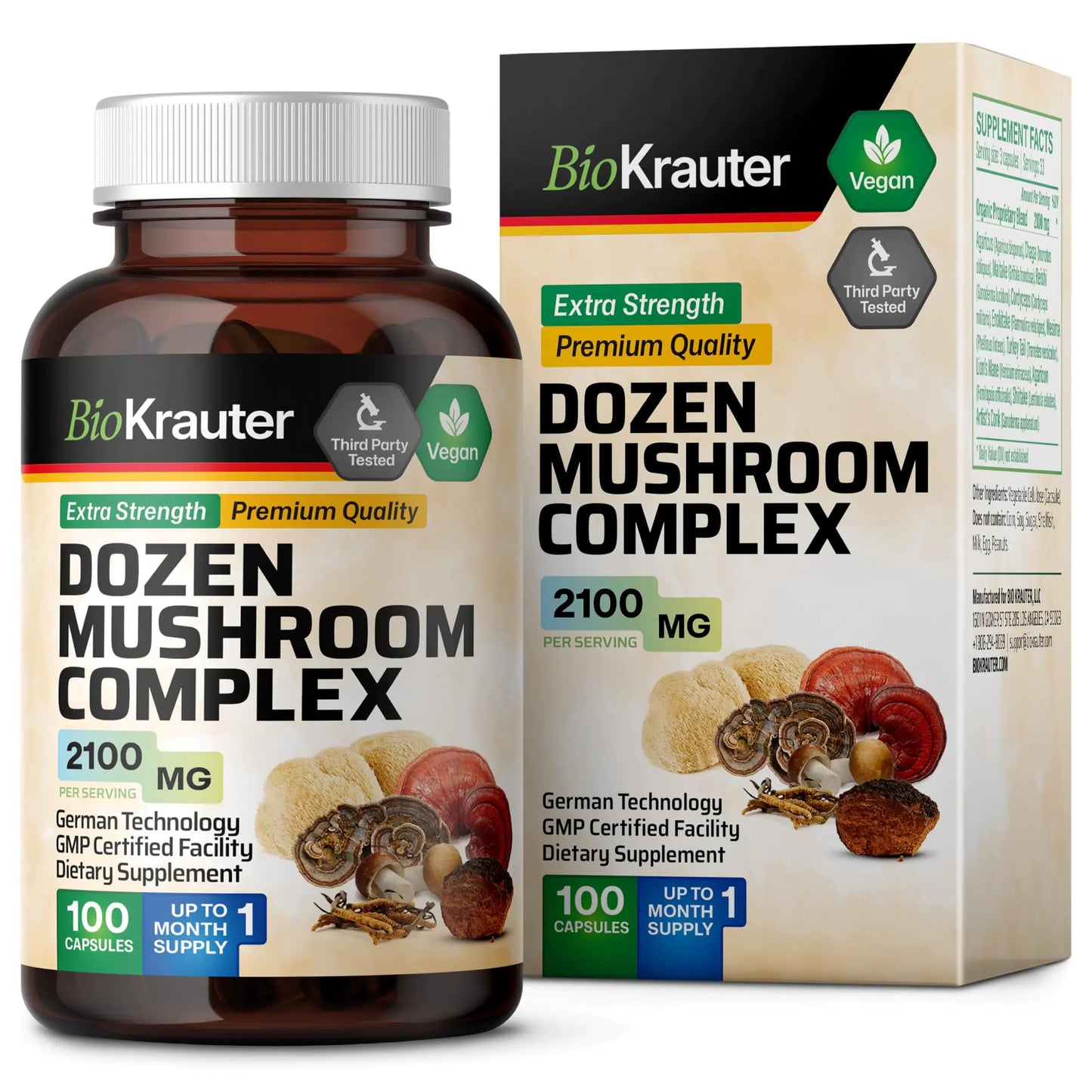 BIO KRAUTER Dozen Mushroom Complex Capsules 2100 mg Blend - 100 Vegan Caps - 12 Extracts in One Mushroom Supplement for Immune Support - Lions Mane Reishi Cordyceps