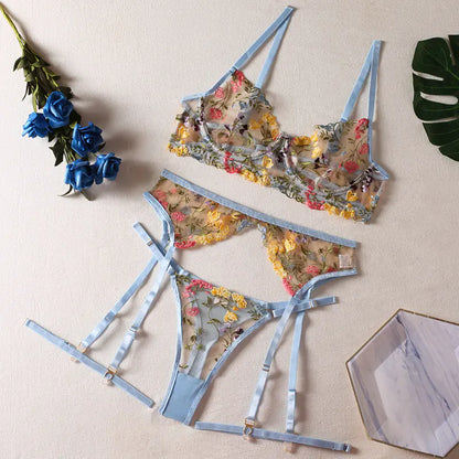 Floral Embroidered 3-Piece Set - Erotic Costume