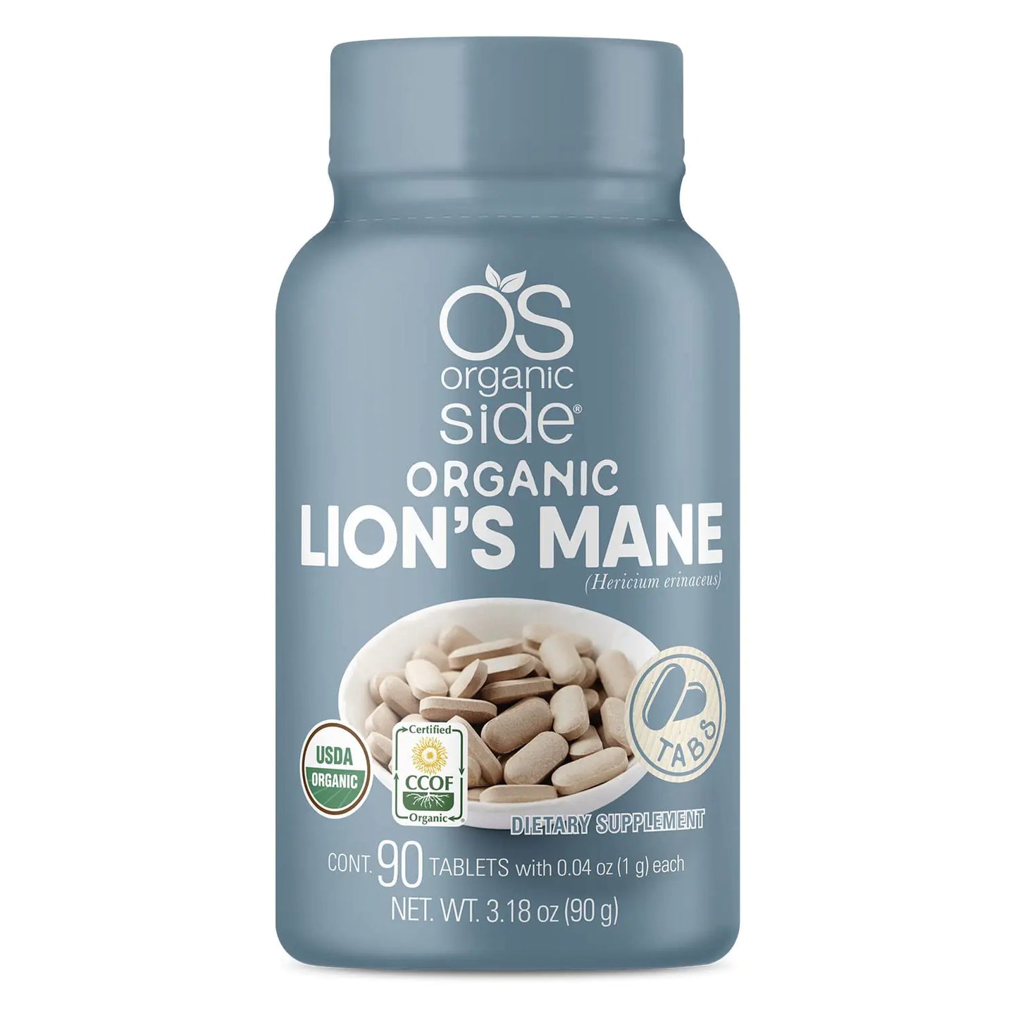 OS Organic Side | Lions Manes Mane Tablets | 100% Pure Organic | USDA Certified | Non-GMO Plant-Based Memory & Focus Support | 1120 Mg Per Serving | 90 Tablets