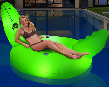 Pool Float Adult with Light 60" Solar Powered Alligator Pool Float Blow up Large Inflatable Animal Pool Float with cup holder & Handles
