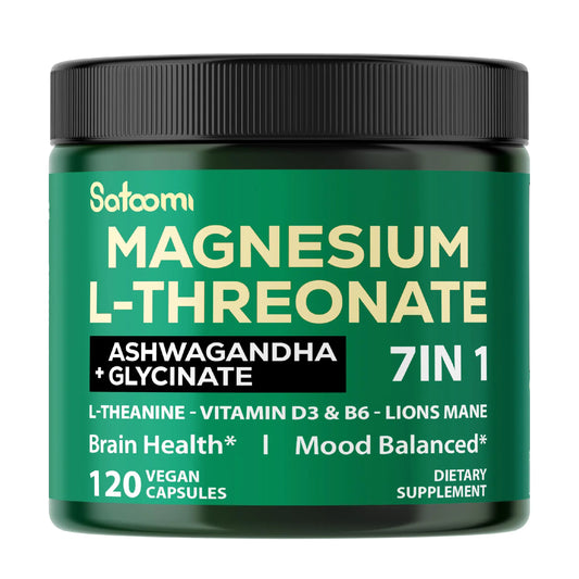 7in1 Magnesium L-Threonate and Ashwagandha Capsules - Plus Glycinate L-Theanine Lions Mane Vitamin D3 Vitamin B6 - Supports Brain Health & Memory - 120 Count