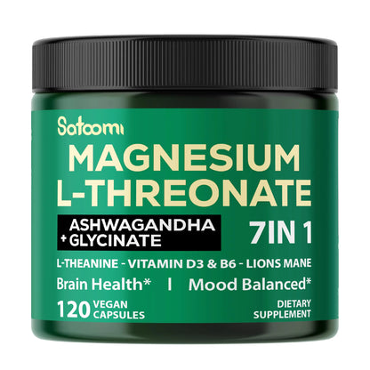 7in1 Magnesium L-Threonate and Ashwagandha Capsules - Plus Glycinate L-Theanine Lions Mane Vitamin D3 Vitamin B6 - Supports Brain Health & Memory - 120 Count