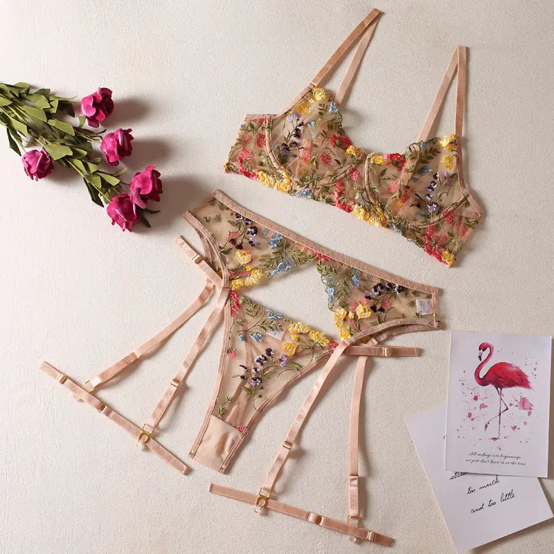Floral Embroidered 3-Piece Set - Erotic Costume