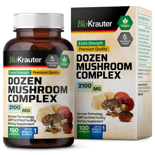 BIO KRAUTER Dozen Mushroom Complex Capsules 2100 mg Blend - 100 Vegan Caps - 12 Extracts in One Mushroom Supplement for Immune Support - Lions Mane Reishi Cordyceps