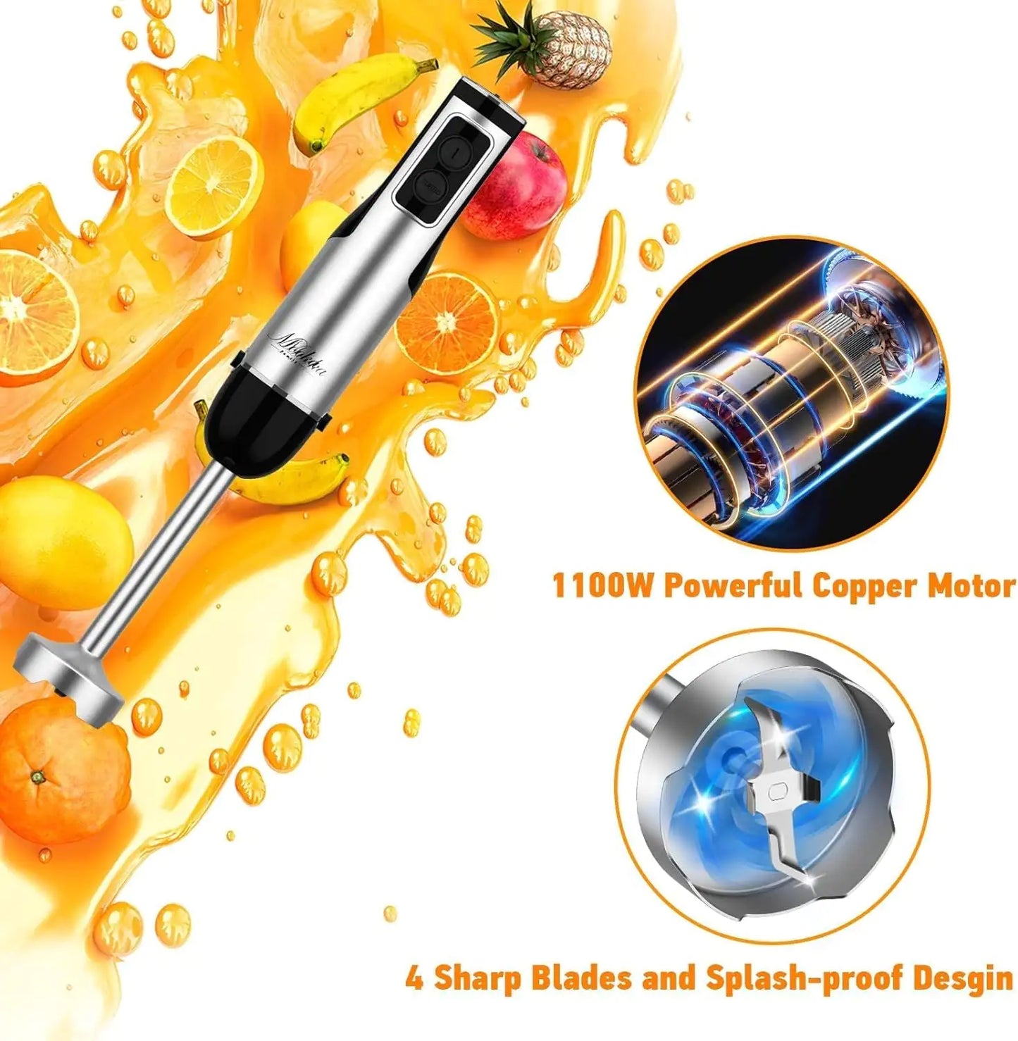 Eintauchmixer-Handheld, 1100W 5-in-1-Mehrzweck-Handmixer, 12-Gang-Stick-Mixer, 600 ml Becher, 500 ml Hacker, Eibrhich, Milchfrother, Schwarz