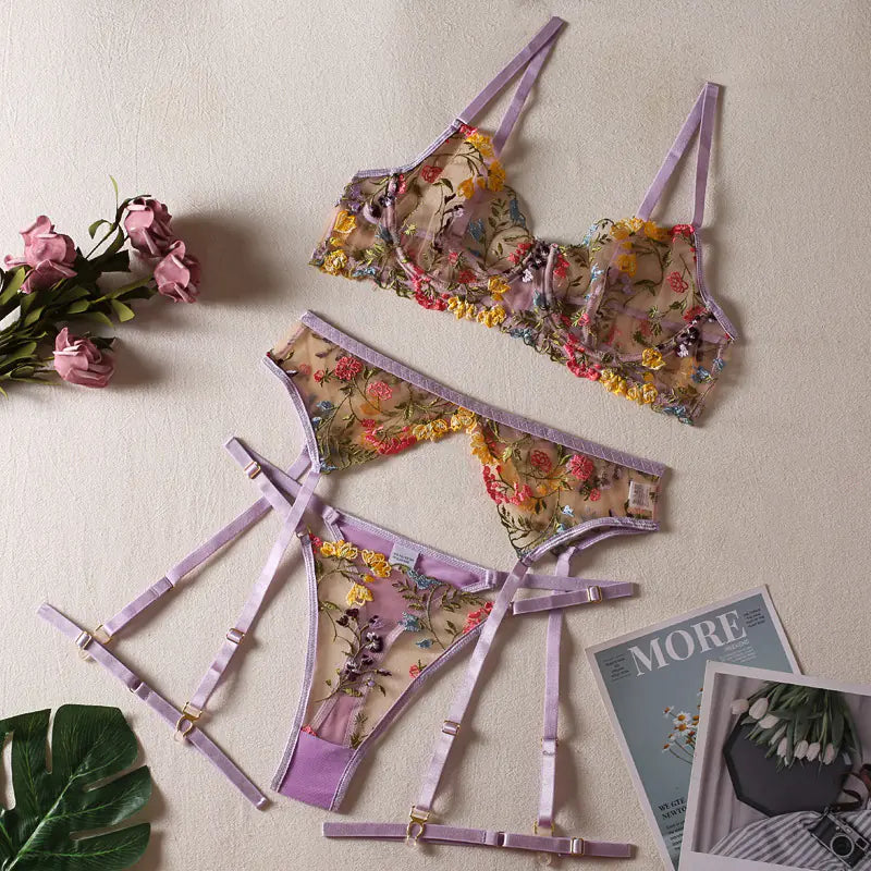 Floral Embroidered 3-Piece Set - Erotic Costume