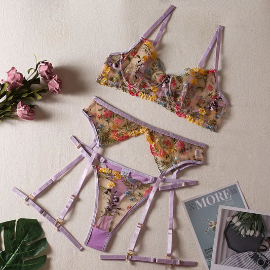 Floral Embroidered 3-Piece Set - Erotic Costume