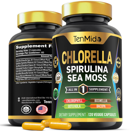 Tenmido Organic Chlorella Supplement for Men and Women 7in1 Formula with Spirulina Sea Moss Chlorophyll Gotu Kola Boswellia & Bacopa - Immune Support - Rich in Nutrient Vitamins - 120 Capsules