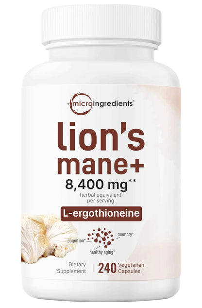 Löwenmähne-Nahrungsergänzungsmittel, 8400 mg Äquivalent | 240 vegetarische Kapseln mit L-Ergothionein | Superfood-Pilz-Antioxidantien für gesundes Altern und kognitive Unterstützung | Gentechnikfrei