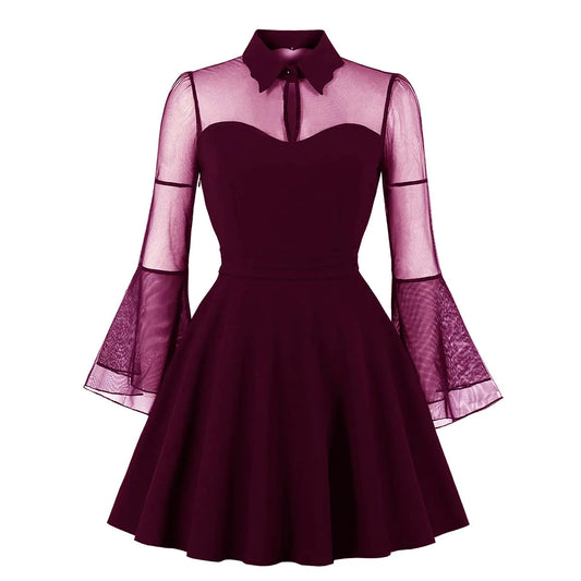 Cocktail Swing Dress Knee Length 1950s A-line Mini Fit and Flare Skater Dress Peter Pan Collar Vintage 40s 50s Retro Rockabilly Prom Dress Light Purple L Womens Keyhole Front Mesh Bell Sleeve V-Neck