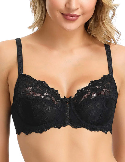 Wingslove Womens Sexy Lace Bra Non Padded Underwire Unlined Bra Full Coverage Plus Size Lace Bralette (Black 42C)B