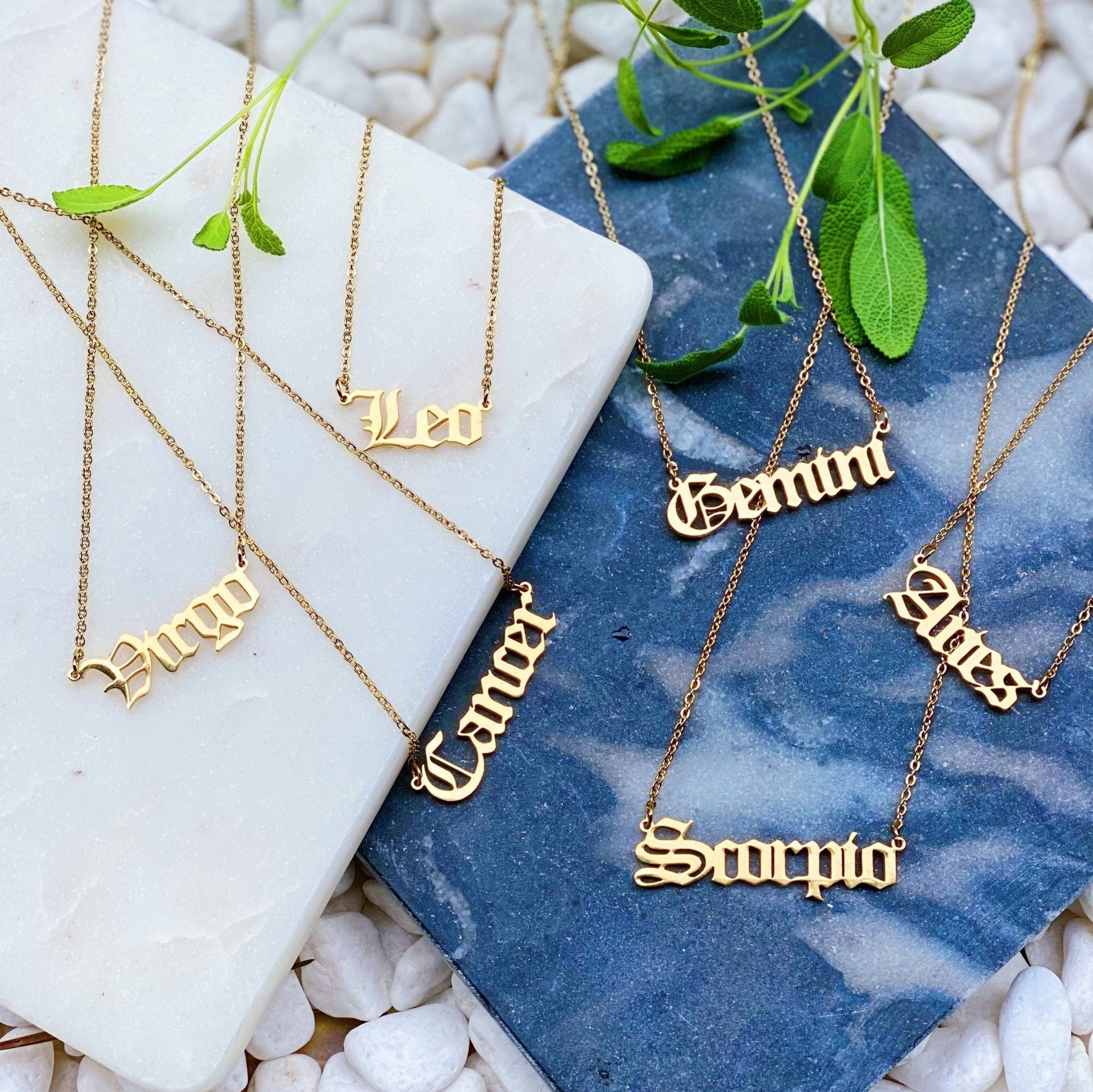 Old English Zodiac Necklace - Walter - Mall