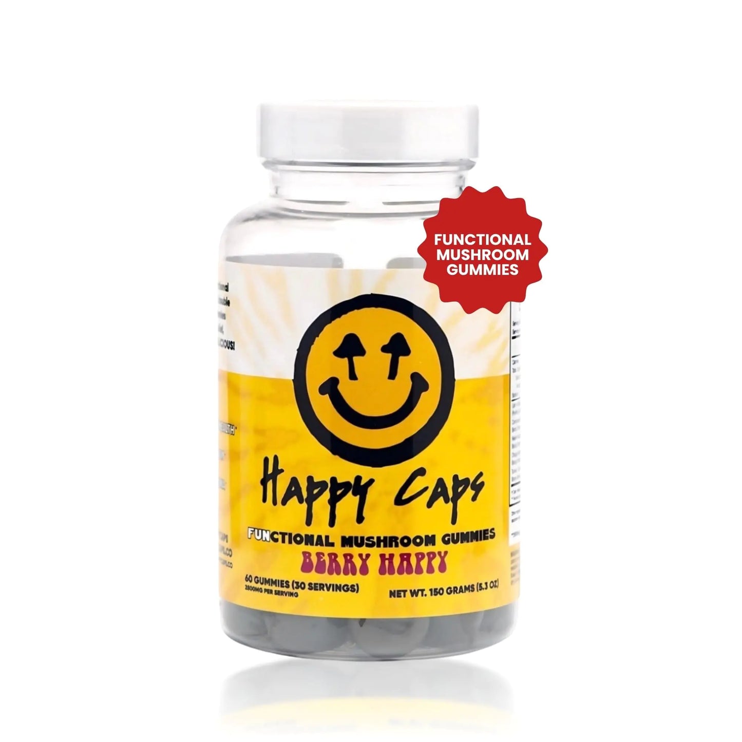 Happy Caps Functional Mushroom Gummies - Lions Mane Cordyceps Chaga Reishi - Immune System Booster & Nootropic Brain Supplement - 60 Gummies (1)