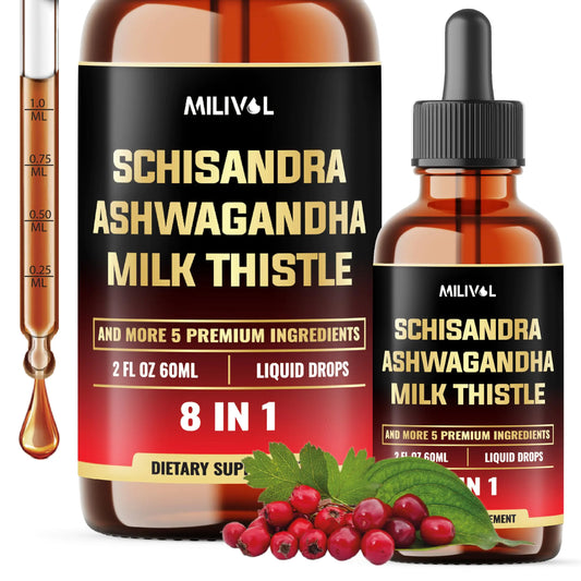 Schisandra-Ergänzung – Schisandra-Extrakt-Tropfen mit Mariendistel, Ashwagandha und 6 weiteren – MILIVOL 8in1 Liquid