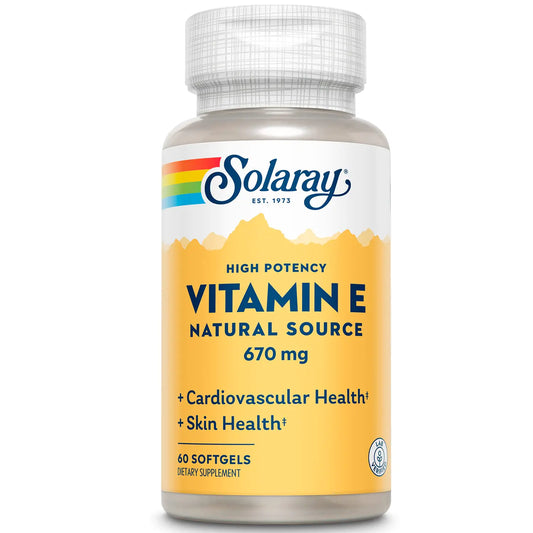 Solaray Vitamin E 1000 IU Softgel Capsules 670 mg - d Alpha Tocopherol Vitamin E Supplements - Skin Health Heart Function and Antioxidant Support - 60-Day Guarantee - 60 Servings 60 Softgels
