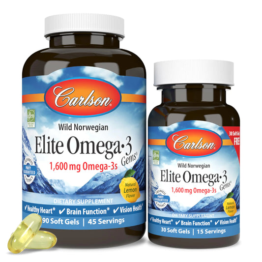 Omega-3 Gems 1600 mg Omega 3 Fatty Acids Including Carlson Elite  EPA & DHA - Norwegian Wild-Caught Sustainably Sourced Fish Oil Supplement Omega 3 Fish Oil Capsules Lemon - 90+30 Softgels